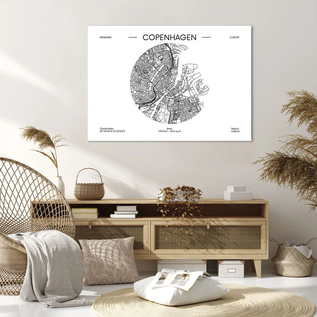 Obraz na płótnie - Mapa Kopenhagi w minimalistycznym, czarno-białym stylu - 100x70cm - Anatomia Kopenhagi - Nowoczesna dekoracja ścienna do salonu, kuchni i sypialni ARTTOR