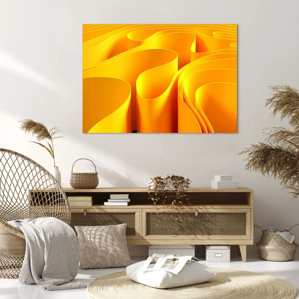 Impression sur toile - Image sur toile - Vagues abstraites jaunes ressemblant à des rayons de soleil - 100x70cm - Comme les vagues du soleil - Décoration murale moderne pour le salon et la chambre ARTTOR