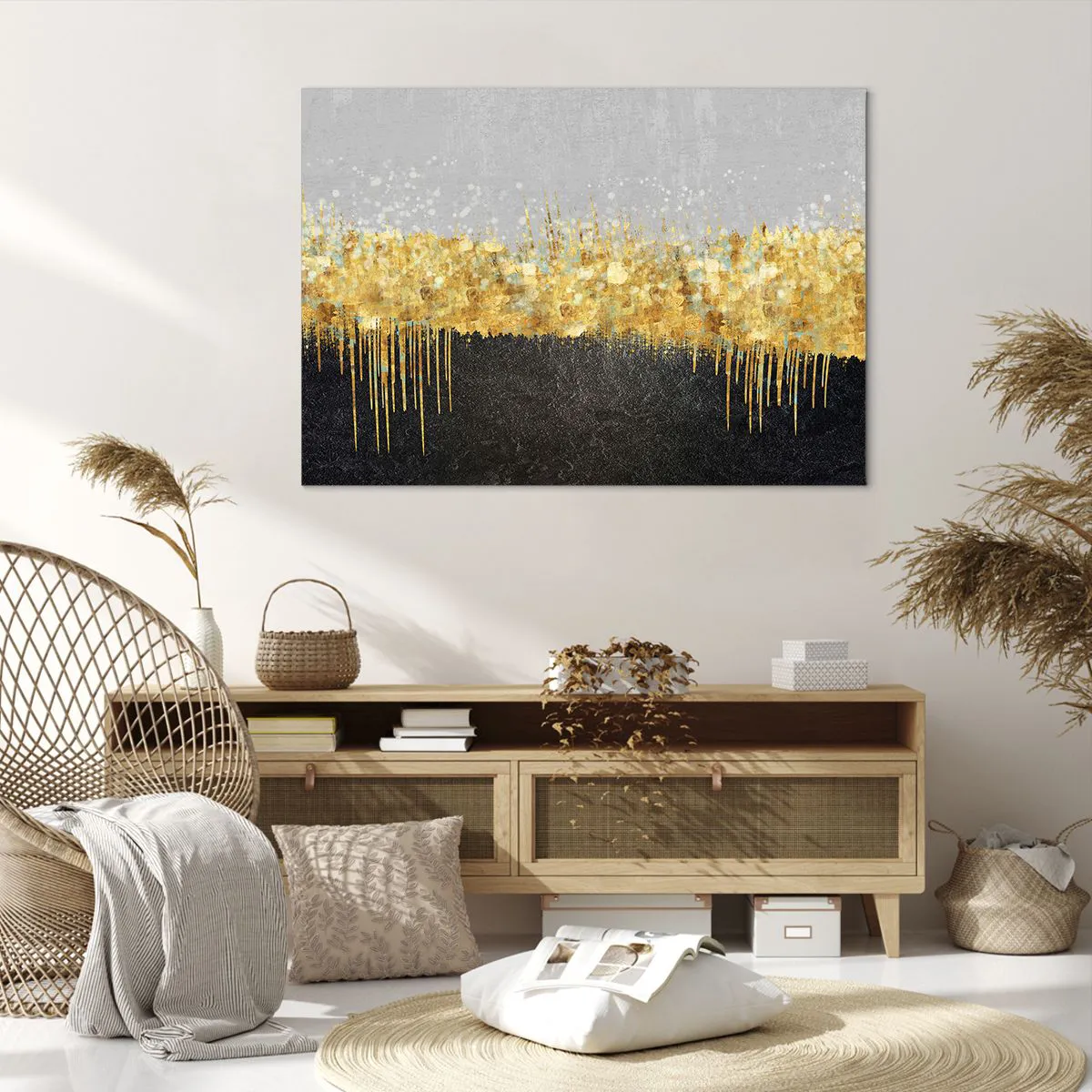 Bild auf Leinwand - Leinwandbild - Abstrakte Komposition in Gold- und Schwarztönen - 100x70cm - Nach innen und nach oben - Moderne Wanddekoration für Wohnzimmer und Schlafzimmer ARTTOR