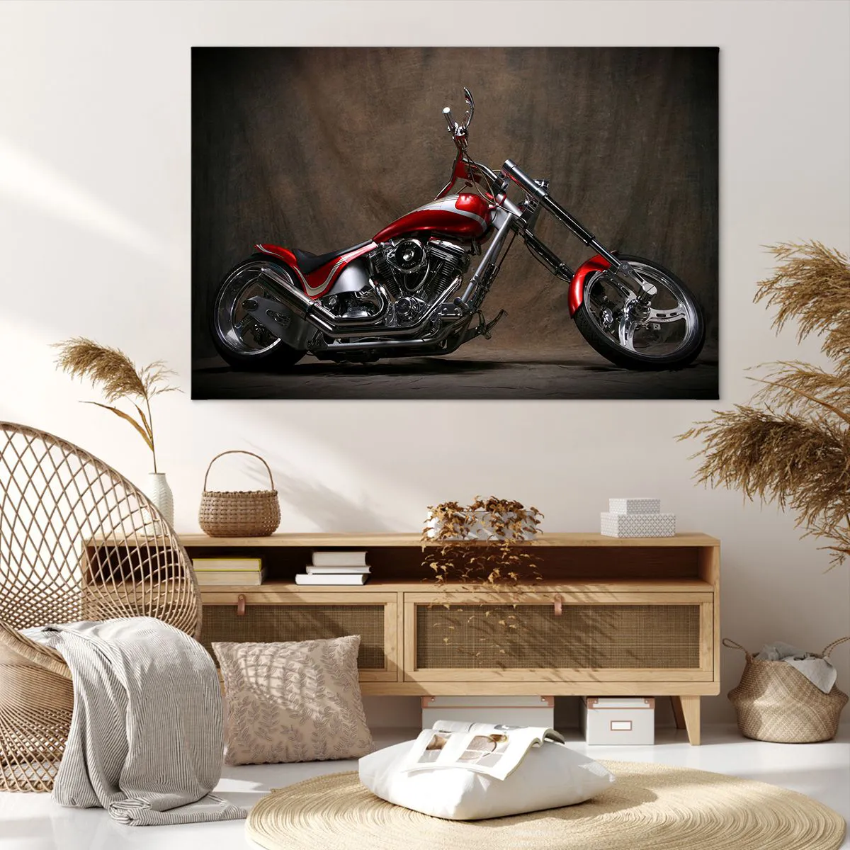 Cuadro sobre lienzo - Impresión de Imagen - Motocicleta roja personalizada sobre un fondo de tela marrón. - 120x80cm - Belleza rojo-plateada - Decoración de pared moderna para salón y dormitorio ARTTOR