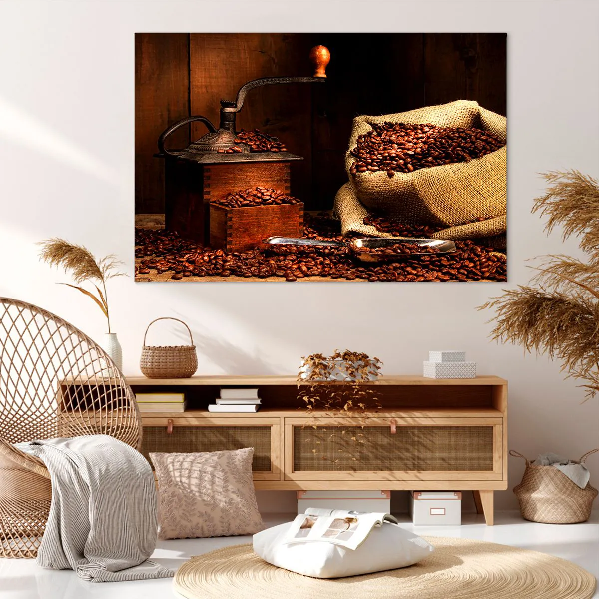 Quadro em tela - Natureza morta com grãos de café e moedor - 120x80 cm