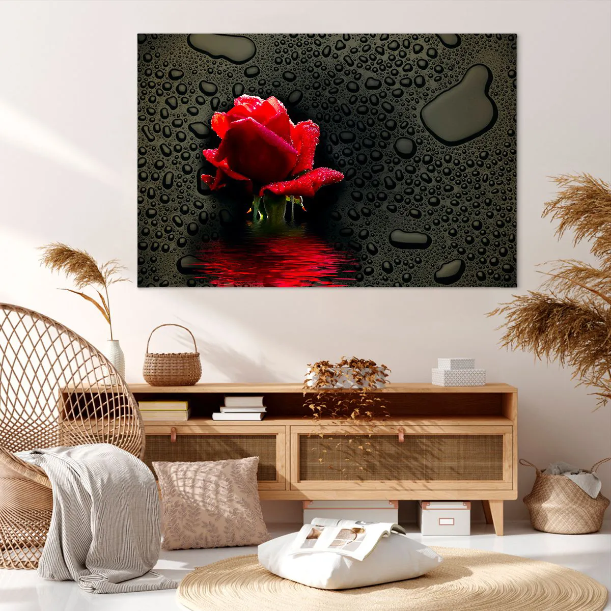 Impression sur toile - Image sur toile - Rose rouge avec des gouttes d'eau sur un fond sombre - 120x80cm - Rouge et noir - Décoration murale moderne pour le salon et la chambre ARTTOR