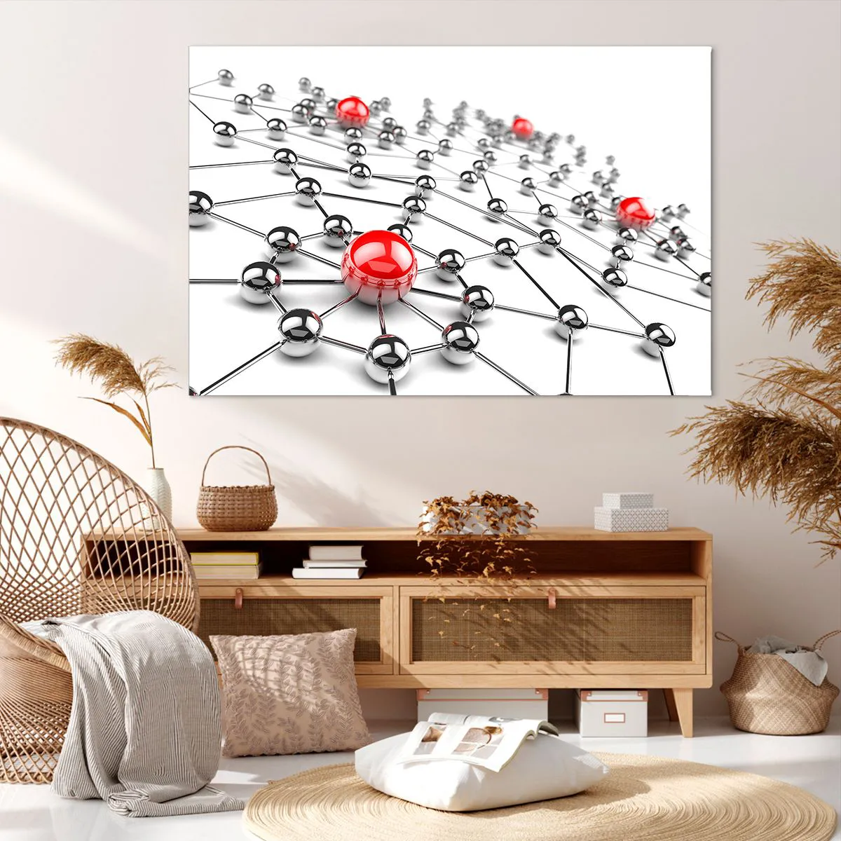 Cuadro sobre lienzo - Impresión de Imagen - Una red de bolas metálicas con acentos rojos. - 120x80cm - Una red plateada - Decoración de pared moderna para salón y dormitorio ARTTOR