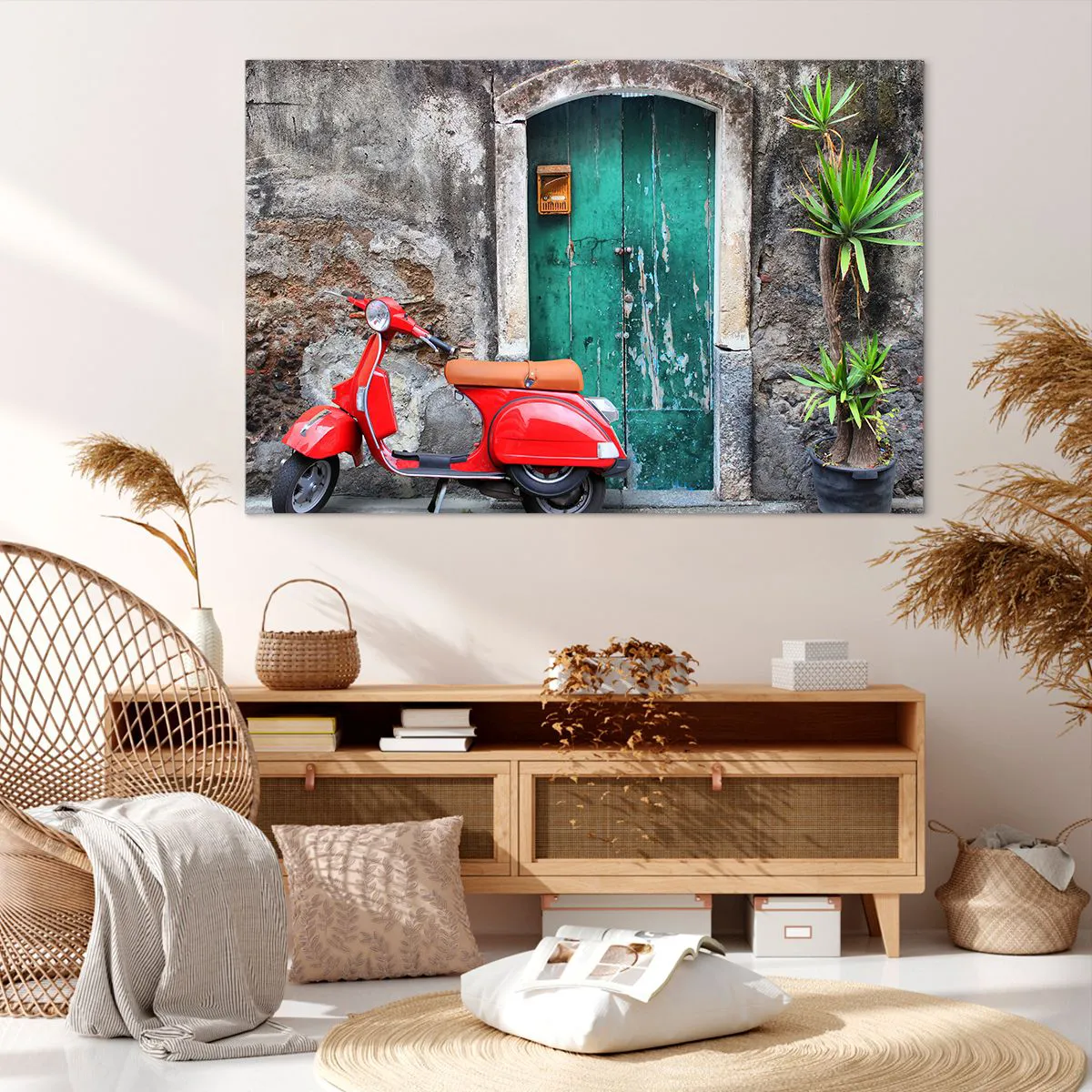 Bild auf Leinwand - Leinwandbild - Roter Roller an der grünen Tür - 120x80cm - Italienischer Urlaub - Moderne Wanddekoration für Wohnzimmer und Schlafzimmer ARTTOR