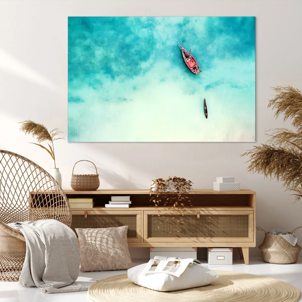 Bild auf Leinwand - Leinwandbild - Boote auf türkisfarbenem Wasser aus der Vogelperspektive - 120x80cm - Denn an den Stränden von Sansibar, wenn der Wasserüberschuss ... - Moderne Wanddekoration für Wohnzimmer und Schlafzimmer ARTTOR