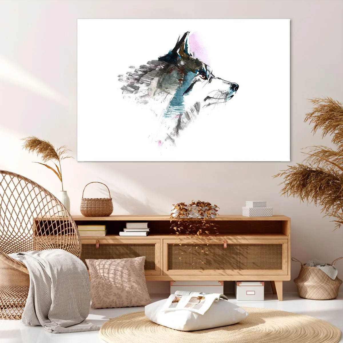 Obraz na płótnie - Akwarelowy wilk w minimalistycznym stylu - 120x80cm - O wilku mowa - Nowoczesna dekoracja ścienna do salonu, kuchni i sypialni ARTTOR