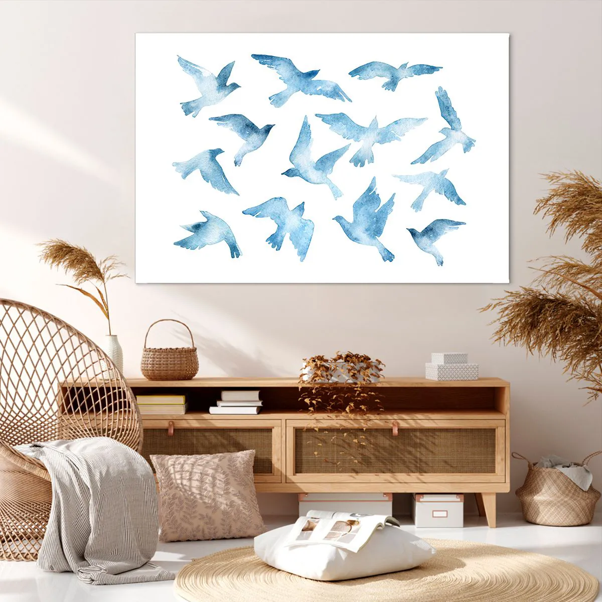 Bild auf Leinwand - Leinwandbild - Ein subtiles Aquarell, das fliegende Vögel darstellt - 120x80cm - Blaue Vögel - Moderne Wanddekoration für Wohnzimmer und Schlafzimmer ARTTOR