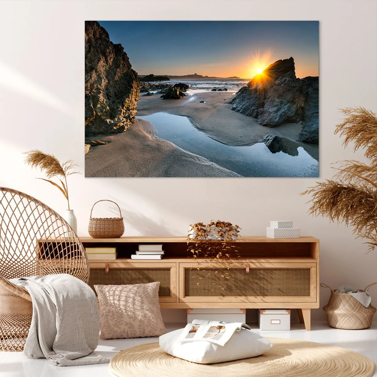Impression sur toile - Image sur toile - Coucher de soleil pittoresque sur une plage rocheuse - 120x80cm - Intouché par la main de l'homme - Décoration murale moderne pour le salon et la chambre ARTTOR