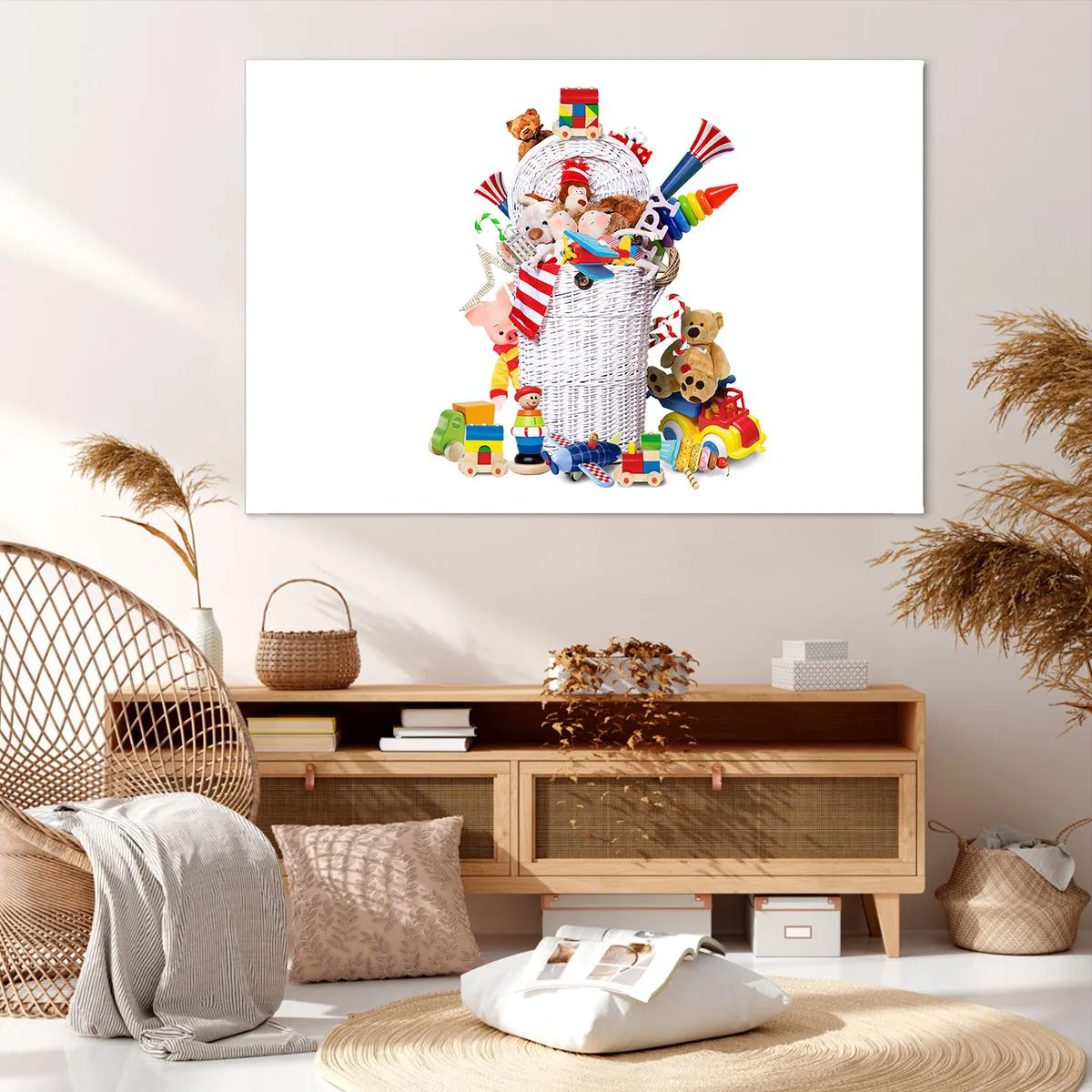 Obraz na płótnie - Kolorowy kosz pełen dziecięcych zabawek - 120x80cm - Skarby malucha - Nowoczesna dekoracja ścienna do salonu, kuchni i sypialni ARTTOR