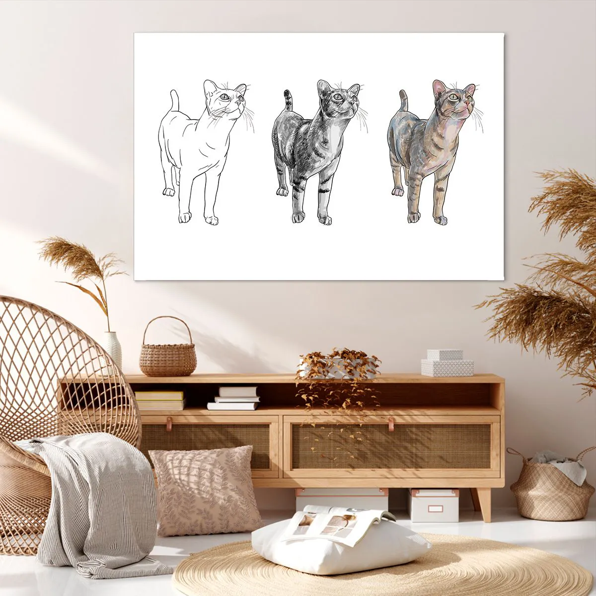 Obraz na płótnie - Ewolucja rysunku kota od szkicu do kolorowej formy - 120x80cm - Lekcja rysunku - Nowoczesna dekoracja ścienna do salonu, kuchni i sypialni ARTTOR
