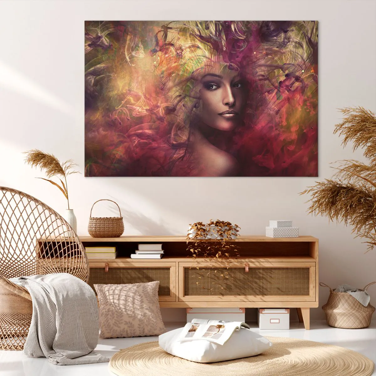 Bild auf Leinwand - Leinwandbild - Eine Frau in abstrakten Farben, die einen dynamischen Hintergrund schafft - 120x80cm - Ich bin hier! - Moderne Wanddekoration für Wohnzimmer und Schlafzimmer ARTTOR