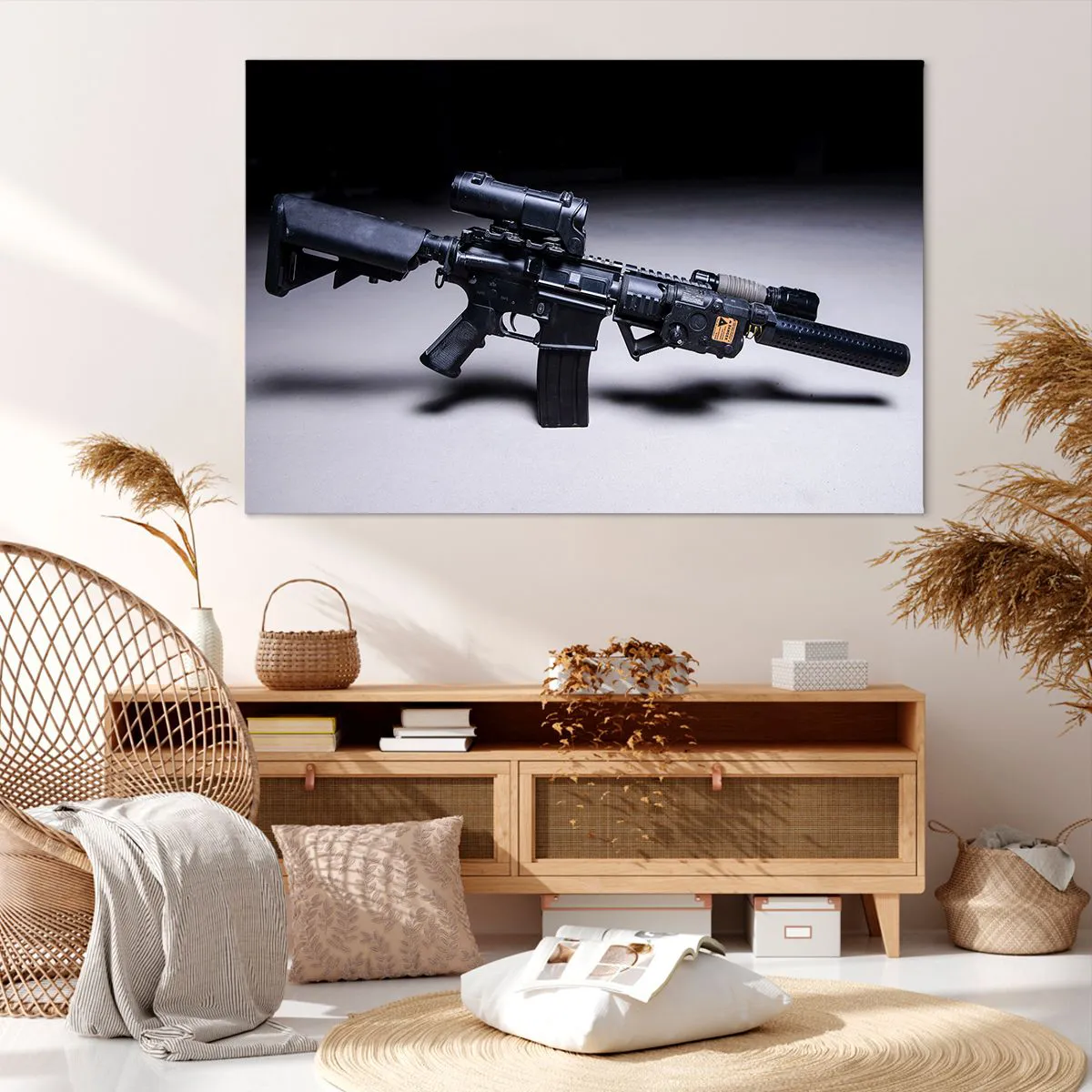 Cuadro sobre lienzo - Impresión de Imagen - Un rifle moderno en negro sobre un fondo oscuro. - 120x80cm - Un caballero oscuro - Decoración de pared moderna para salón y dormitorio ARTTOR