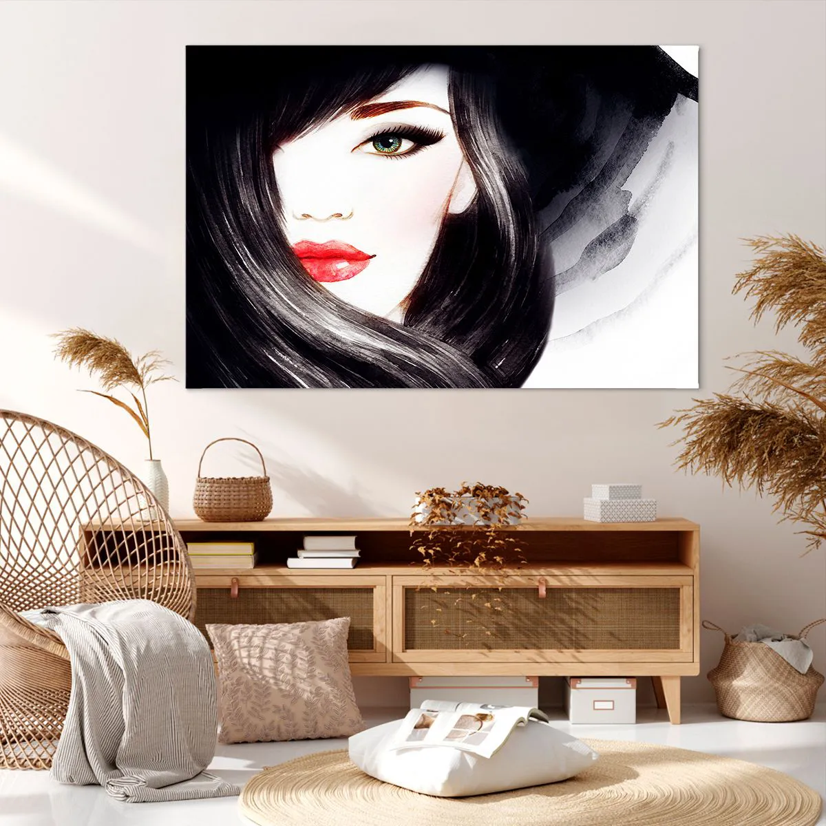 Quadro su tela - Stampe su Tela - Ritratto di una donna dallo sguardo espressivo e dalle labbra rosse - 120x80cm - Sguardo di zaffiro - Decorazione murale moderna per soggiorno e camera da letto ARTTOR