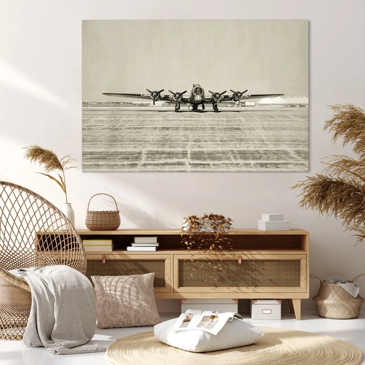 Bild auf Leinwand - Leinwandbild - Historisches Flugzeug auf dem Flughafen in Sepia - 120x80cm - Wie immer bereit - Moderne Wanddekoration für Wohnzimmer und Schlafzimmer ARTTOR