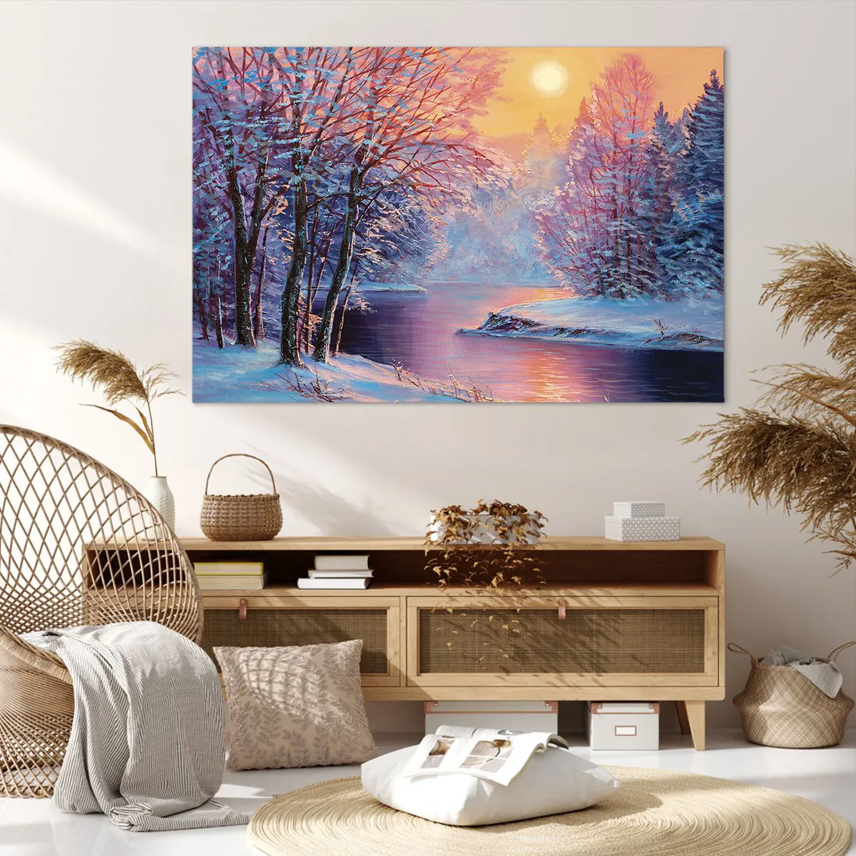 Impression sur toile - Image sur toile - Paysage d'hiver avec rivière et arbres au lever du soleil - 120x80cm - Couleurs d'hiver - Décoration murale moderne pour le salon et la chambre ARTTOR