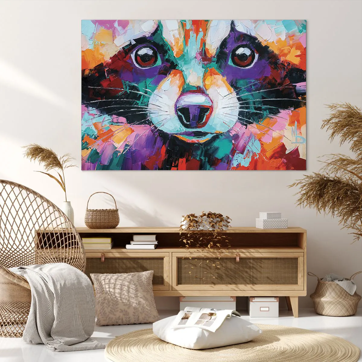 Cuadro sobre lienzo - Impresión de Imagen - Un retrato colorido de un mapache en el estilo de pintura expresiva. - 120x80cm - Solo buenas emociones - Decoración de pared moderna para salón y dormitorio ARTTOR
