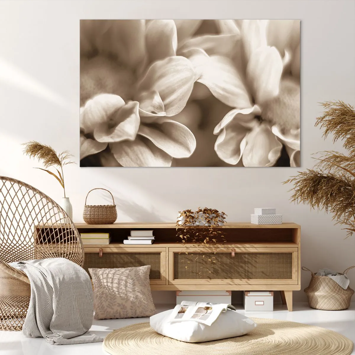 Impression sur toile - Image sur toile - Gros plan de fleurs dans un ton sépia délicat avec des contours doux - 120x80cm - Doux comme un sourire - Décoration murale moderne pour le salon et la chambre ARTTOR