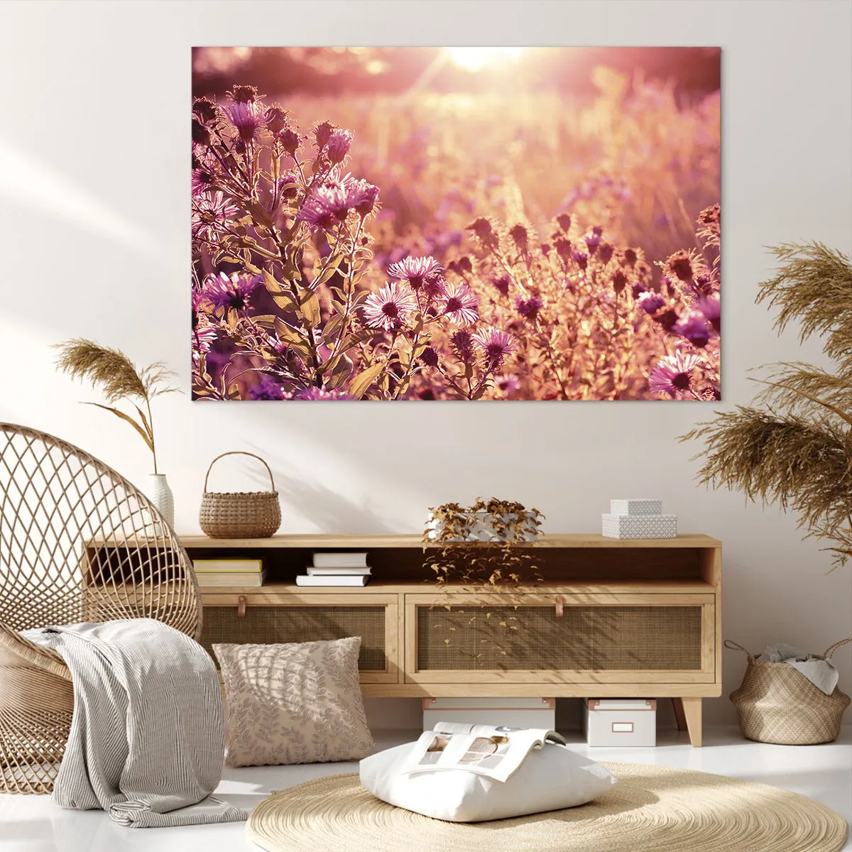 Obraz na płótnie - Łąka w świetle zachodzącego słońca - 120x80cm - Przed odejściem lata - Nowoczesna dekoracja ścienna do salonu, kuchni i sypialni ARTTOR