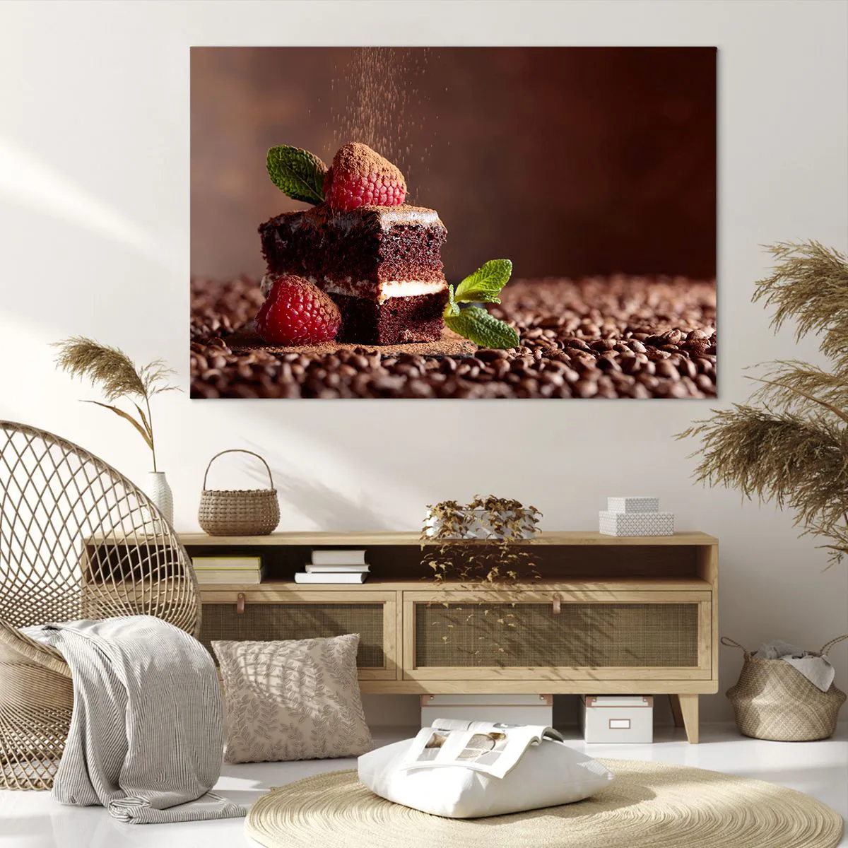 Obraz na płótnie - Czekoladowe ciasto z malinami i miętą na tle ziaren kakao - 120x80cm - Życie jest słodkie - Nowoczesna dekoracja ścienna do salonu, kuchni i sypialni ARTTOR