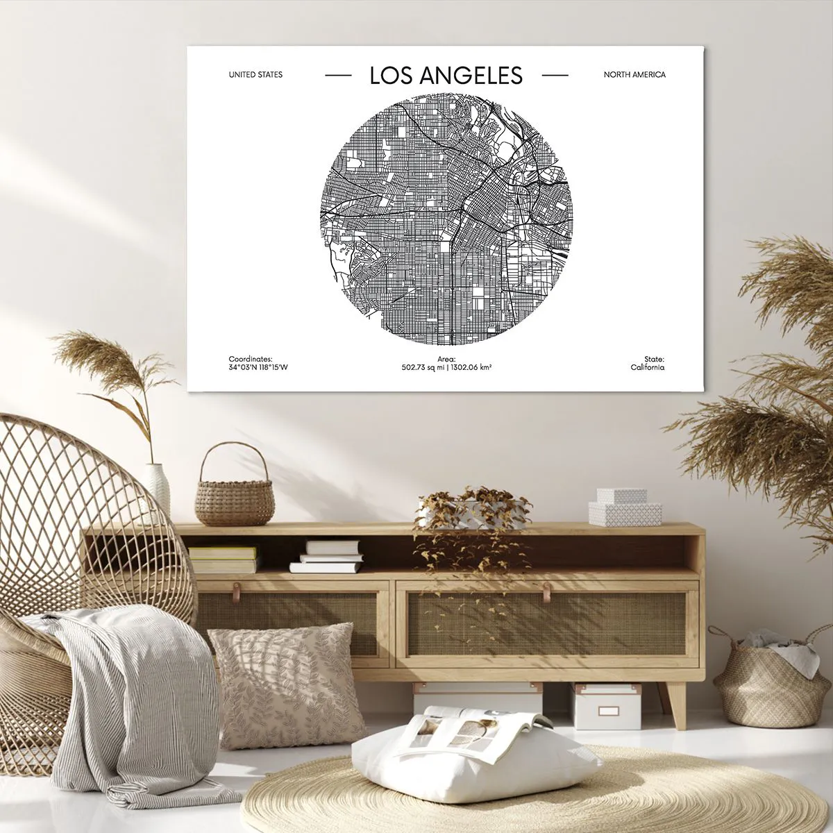 Cuadro sobre lienzo - Impresión de Imagen - Un mapa de Los Ángeles en un estilo minimalista en blanco y negro. - 120x80cm - Anatomía de Los Ángeles - Decoración de pared moderna para salón y dormitorio ARTTOR