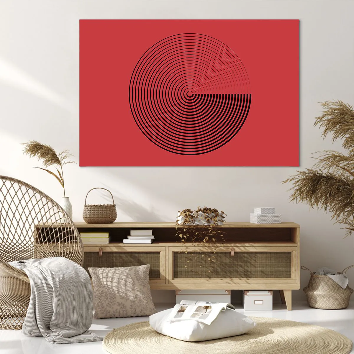 Impression sur toile - Image sur toile - Cercles concentriques sur fond rouge - 120x80cm - Mouvement circulaire - Décoration murale moderne pour le salon et la chambre ARTTOR