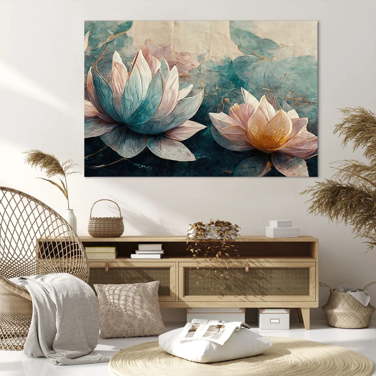 Obraz na płótnie - Subtelne lilie wodne w pastelowych odcieniach błękitu i złota - 120x80cm - Gwiazdy jeziora - Nowoczesna dekoracja ścienna do salonu, kuchni i sypialni ARTTOR