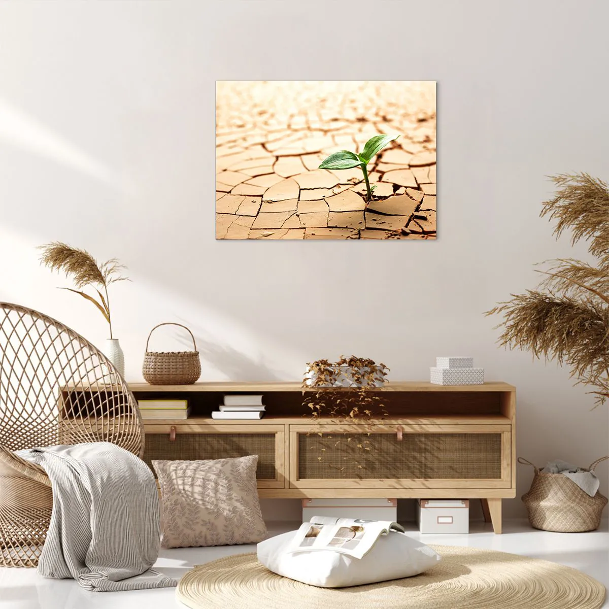 Canvas picture - A green plant growing out of dry, cracked earth - 70x50cm - Untamed Life Force - Modern wall decoration for the living room and bedroom ARTTOR
