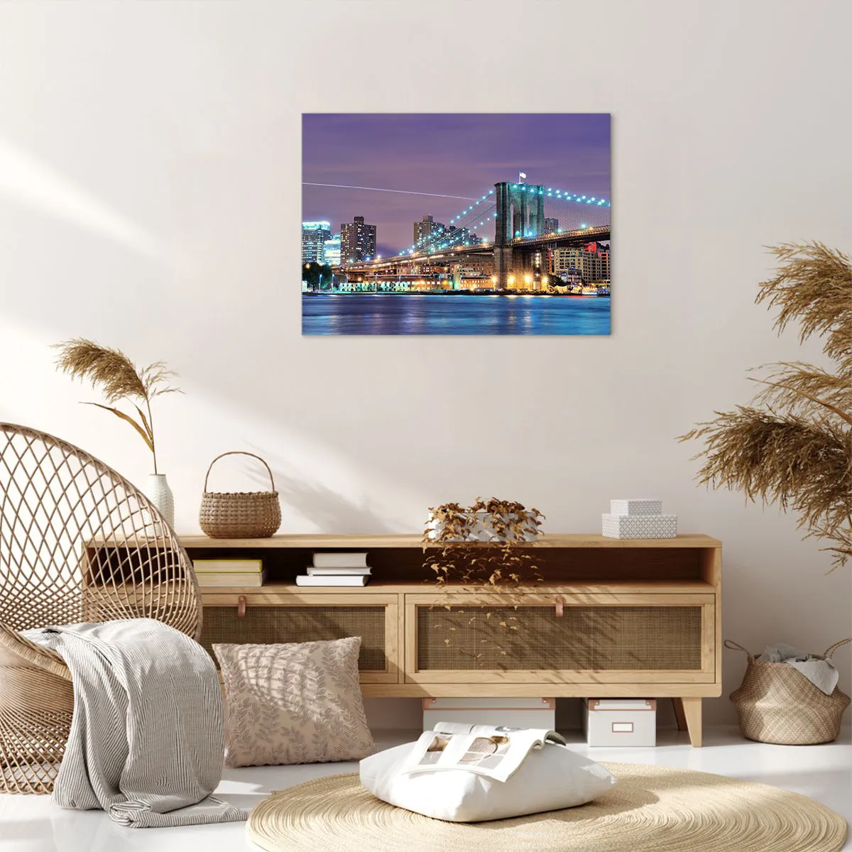 Quadro em tela - Ponte do Brooklyn à noite com a cidade iluminada ao fundo - 70x50cm - Por muitos anos, a Ponte do Brooklyn - Decoração de parede moderna para a sala de estar e quarto ARTTOR