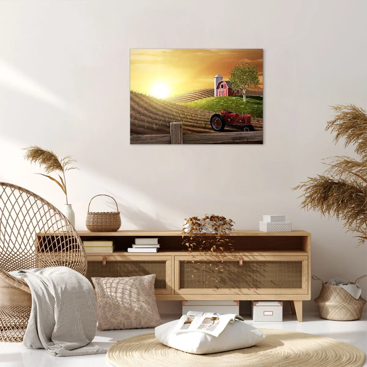 Impression sur toile - Image sur toile - Paysage rural avec une grange rouge, un tracteur et un lever de soleil - 70x50cm - Une ferme comme dans un conte de fées - Décoration murale moderne pour le salon et la chambre ARTTOR