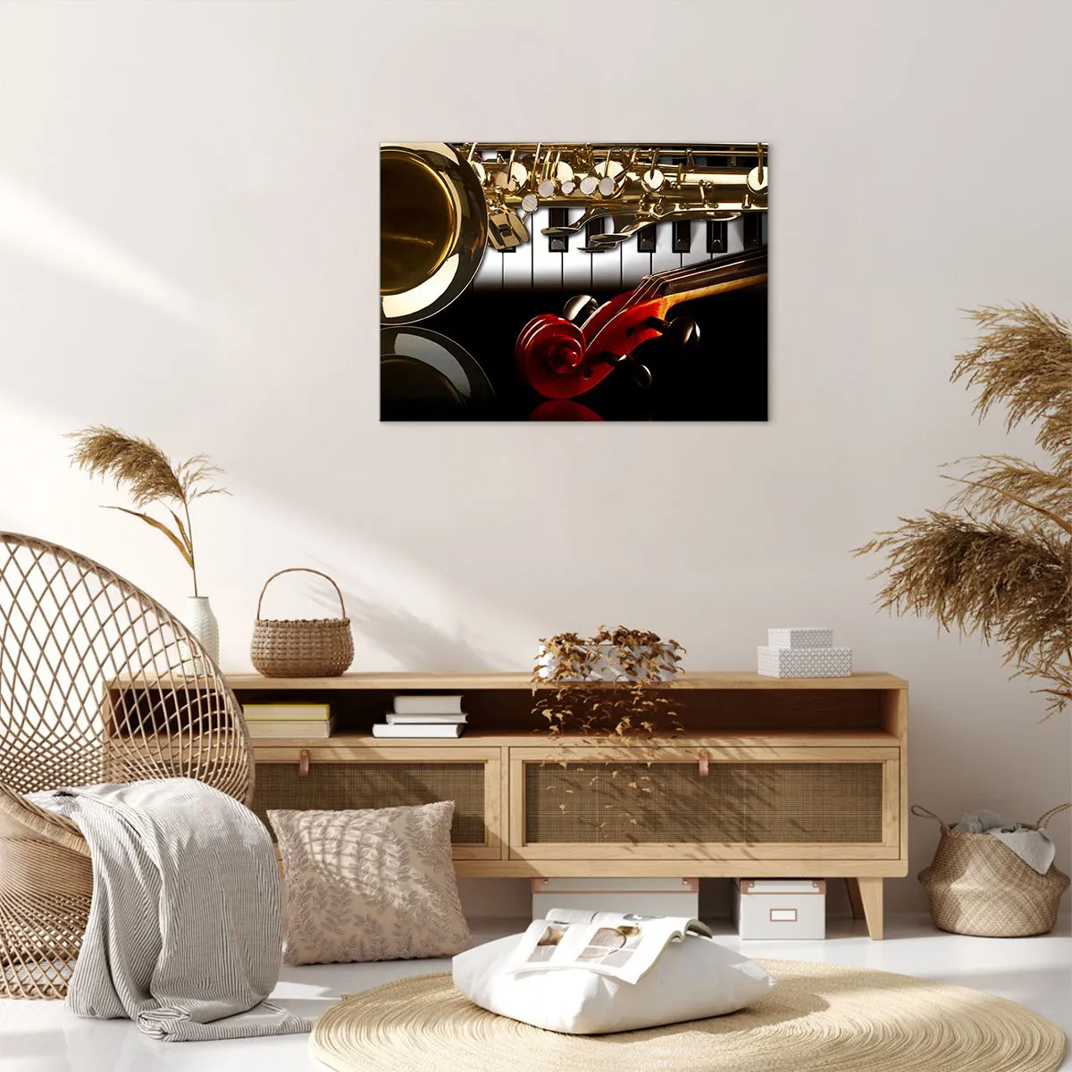 Lærredstryk - Billede på lærred - En gylden saxofon, klavertangenter og en rød violin - 70x50cm - Metalplader, træ og elfenben - Moderne vægdekoration til stue og soveværelse ARTTOR