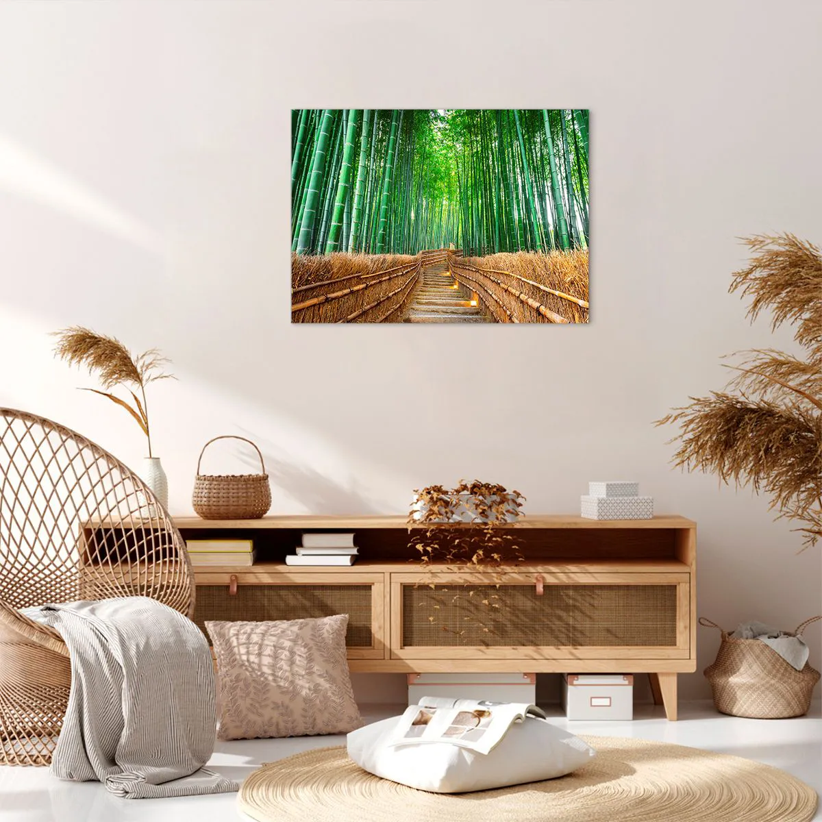 Tablou pe pânză Canvas - cale într-o pădure densă de bambus - 70x50cm - Esența naturii asiatice - Decorațiune modernă pentru perete pentru living și dormitor ARTTOR