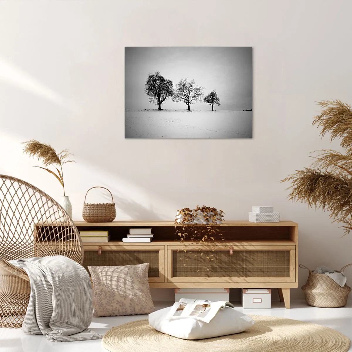 Quadro em tela - Três árvores em um campo nevado em estilo monocromático - 70x50cm - Com que sonham elas? - Decoração de parede moderna para a sala de estar e quarto ARTTOR