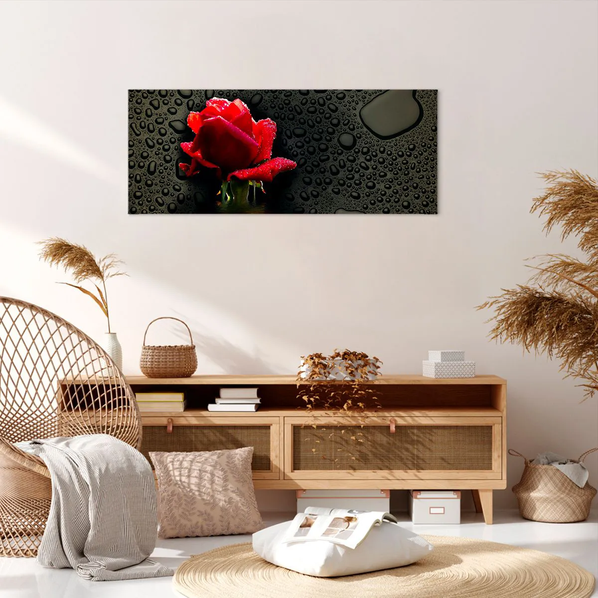 Impression sur toile - Image sur toile - Rose rouge avec des gouttes d'eau sur un fond sombre - 120x50cm - Rouge et noir - Décoration murale moderne pour le salon et la chambre ARTTOR