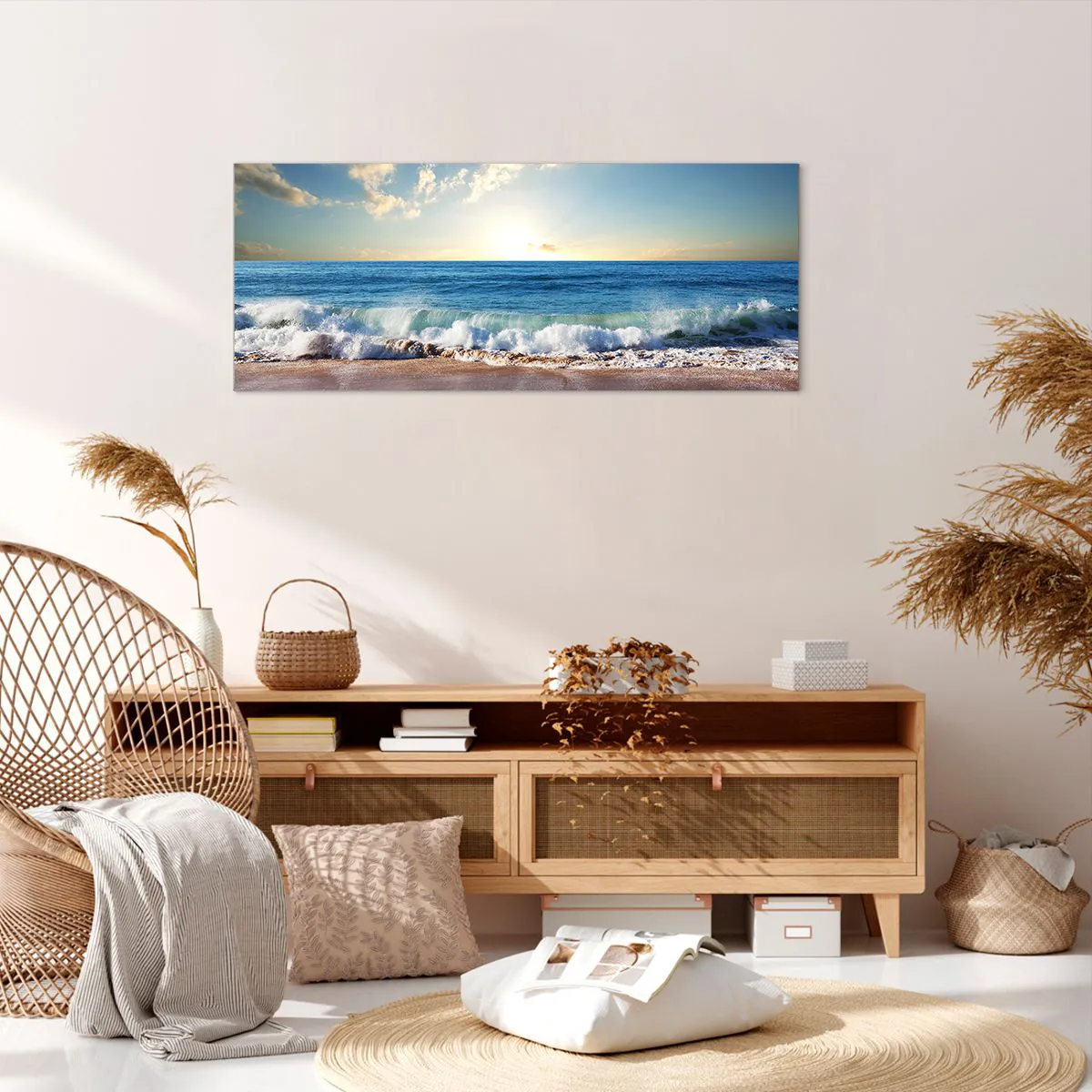 Impression sur toile - Image sur toile - Une plage ensoleillée avec des vagues s'écrasant sur le rivage - 120x50cm - Mouvement et immobilité à la fois - Décoration murale moderne pour le salon et la chambre ARTTOR