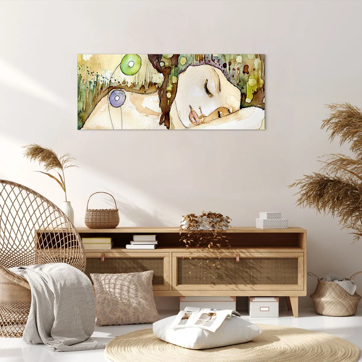 Bild auf Leinwand - Leinwandbild - Eine träumende Frau, umgeben von abstrakten Formen und Farben. - 120x50cm - Ein smaragd-violetter Traum - Moderne Wanddekoration für Wohnzimmer und Schlafzimmer ARTTOR