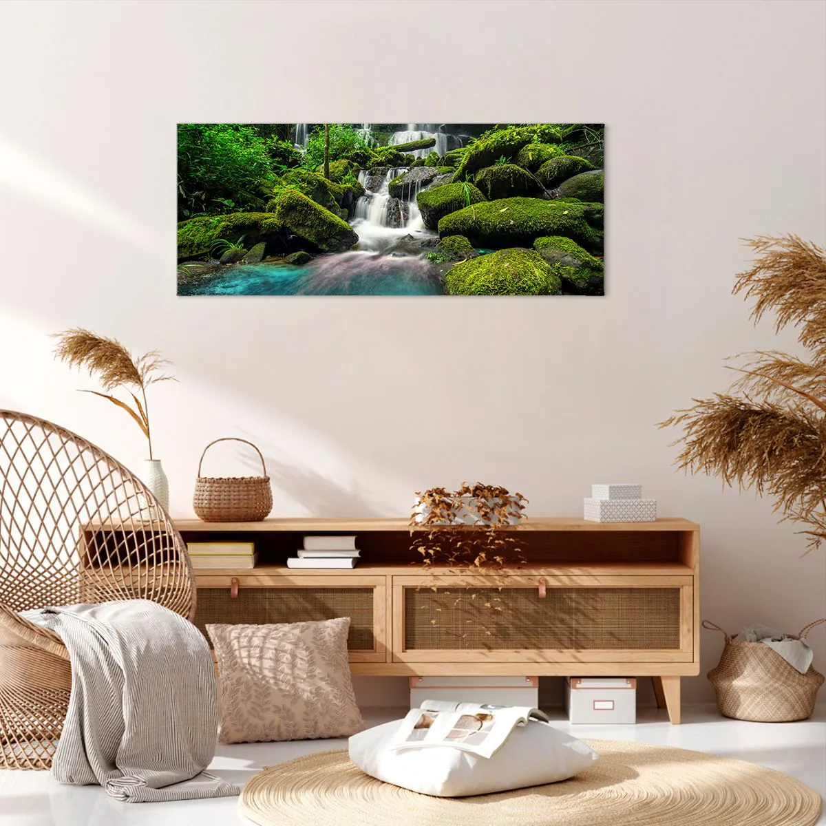 Bild auf Leinwand - Leinwandbild - Ein tropischer Wasserfall, umgeben von Grün und türkisfarbenem Wasser - 120x50cm - Türkis, Saphire und flüssiges Silber - Moderne Wanddekoration für Wohnzimmer und Schlafzimmer ARTTOR