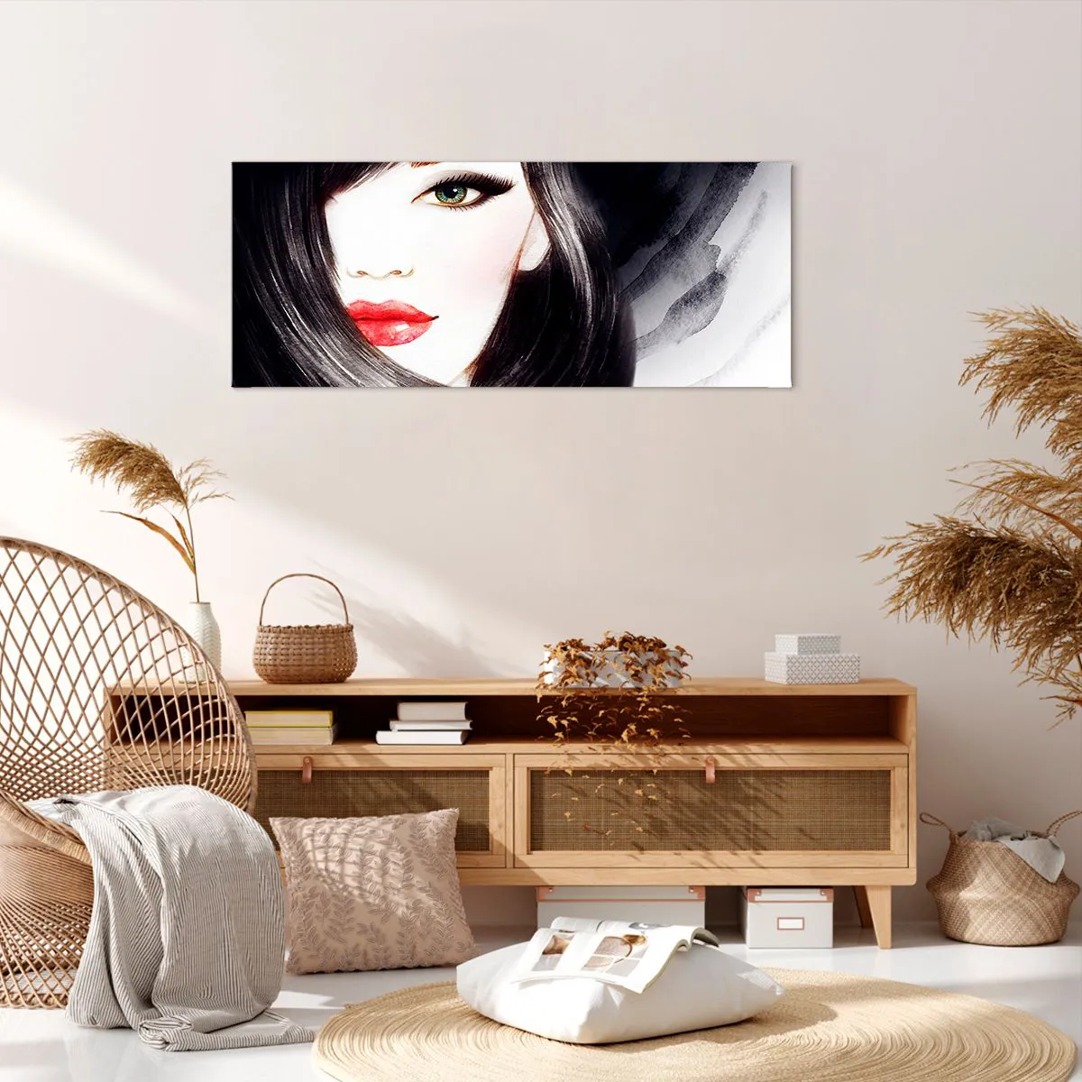 Cuadro sobre lienzo - Impresión de Imagen - Retrato de una mujer con mirada expresiva y labios rojos. - 120x50cm - Mirada de zafiro - Decoración de pared moderna para salón y dormitorio ARTTOR