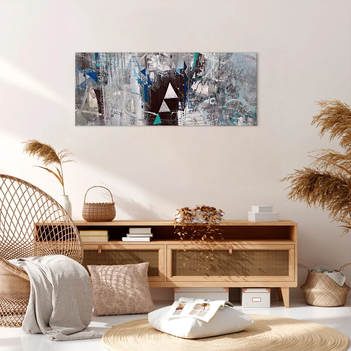 Obraz na płótnie - Abstrakcyjna kompozycja z trójkątami i geometrycznymi wzorami - 120x50cm - Nadrzędny porządek trójkątów - Nowoczesna dekoracja ścienna do salonu i sypialni ARTTOR