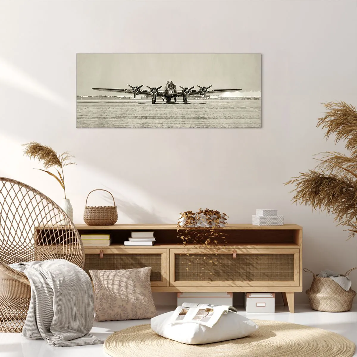Bild auf Leinwand - Leinwandbild - Historisches Flugzeug auf dem Flughafen in Sepia - 120x50cm - Wie immer bereit - Moderne Wanddekoration für Wohnzimmer und Schlafzimmer ARTTOR