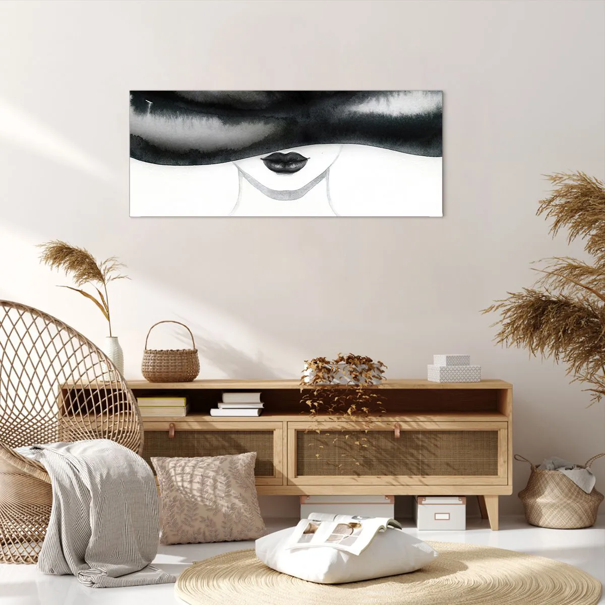 Cuadro sobre lienzo - Impresión de Imagen - Un retrato sutil de una mujer con el rostro cubierto en un estilo monocromático. - 120x50cm - Un misterio sensual - Decoración de pared moderna para salón y dormitorio ARTTOR