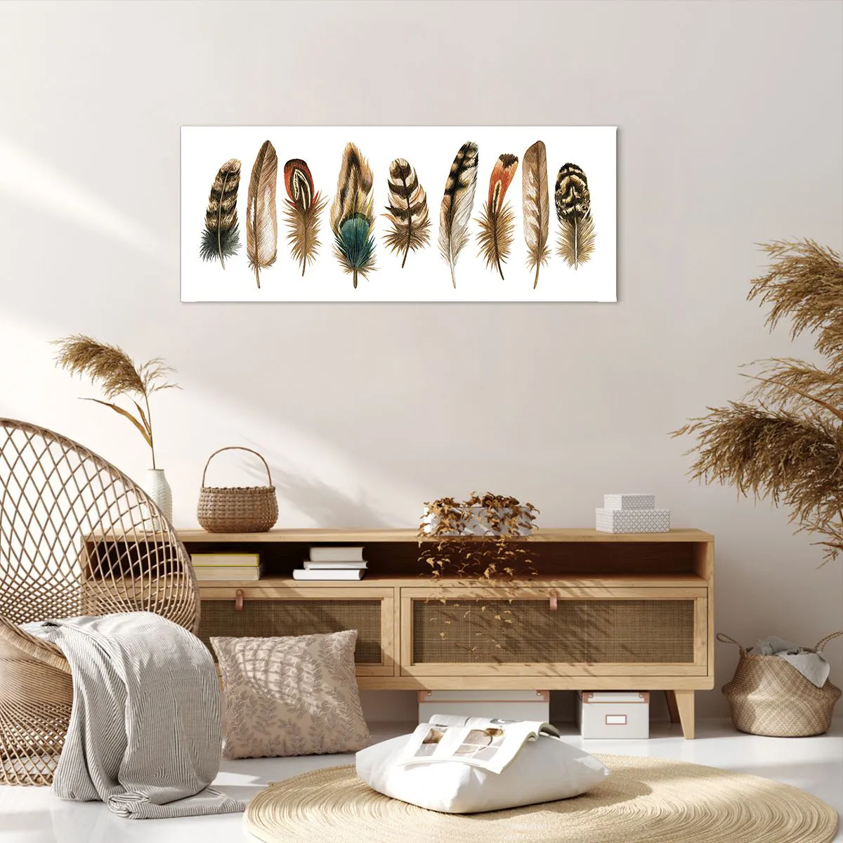 Impression sur toile - Image sur toile - Motif décoratif d'une collection de plumes diverses - 120x50cm - Variation à plumes - Décoration murale moderne pour le salon et la chambre ARTTOR