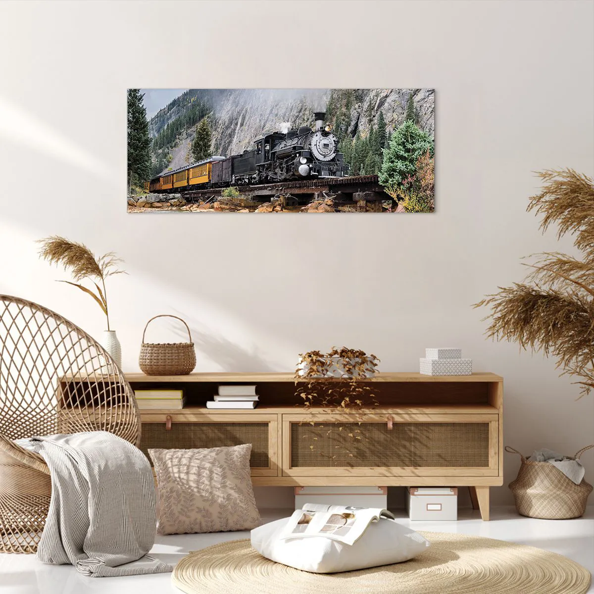 Obraz na płótnie - Parowóz na moście w malowniczym górskim krajobrazie - 120x50cm - A dokąd to? Dokąd? - Nowoczesna dekoracja ścienna do salonu i sypialni ARTTOR