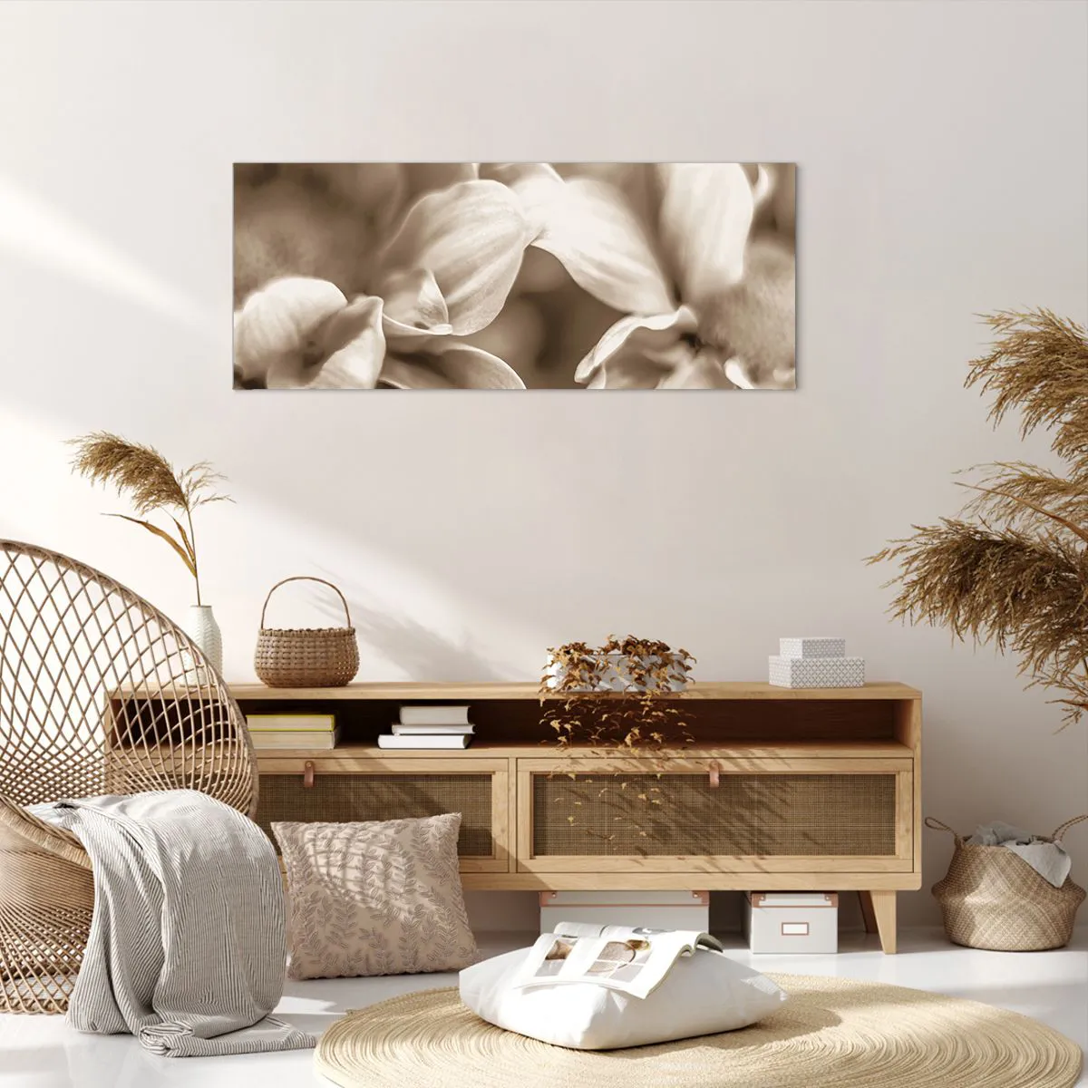 Impression sur toile - Image sur toile - Gros plan de fleurs dans un ton sépia délicat avec des contours doux - 120x50cm - Doux comme un sourire - Décoration murale moderne pour le salon et la chambre ARTTOR
