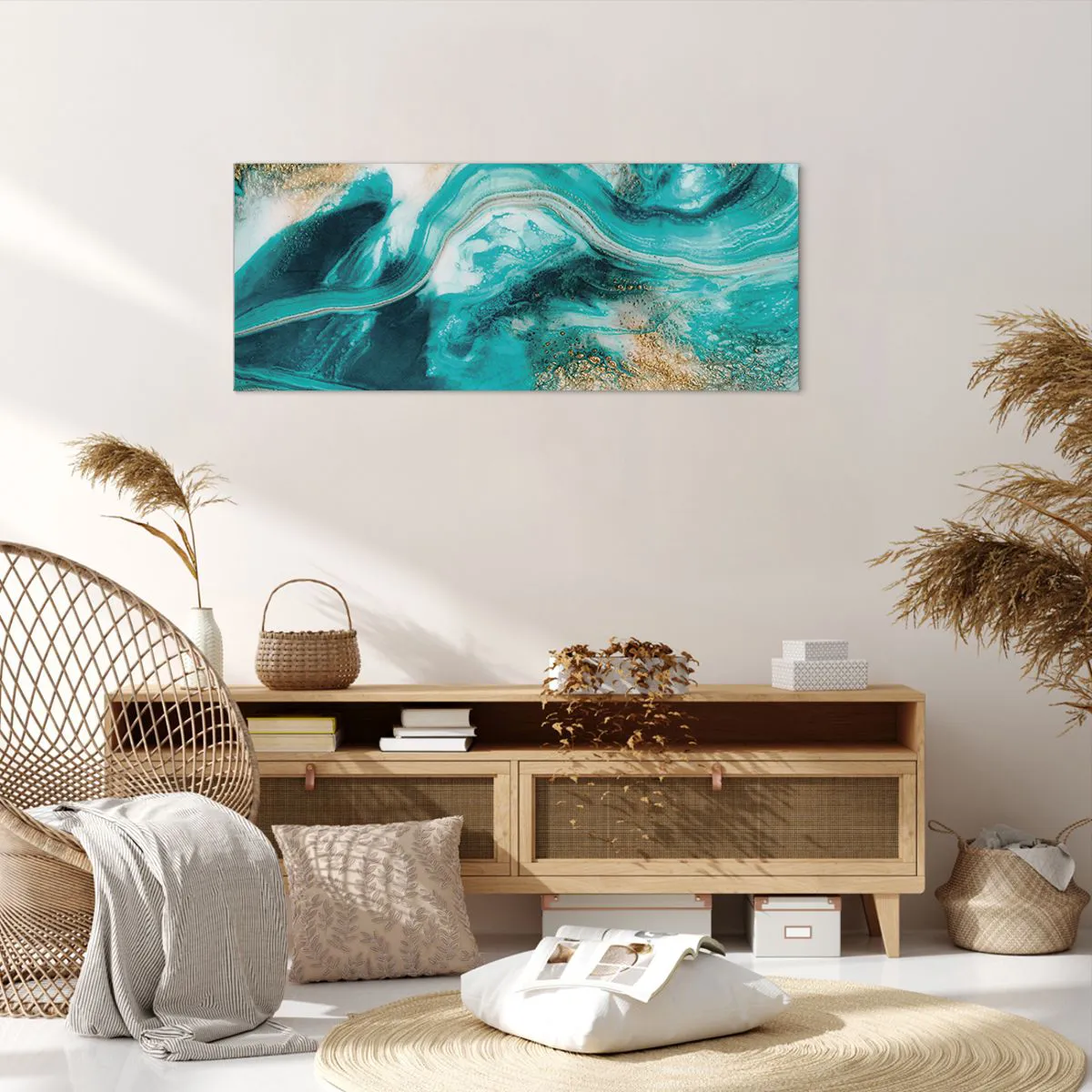 Impression sur toile - Image sur toile - Abstraction turquoise avec des accents blancs et dorés - 120x50cm - Rivière d'or - Décoration murale moderne pour le salon et la chambre ARTTOR