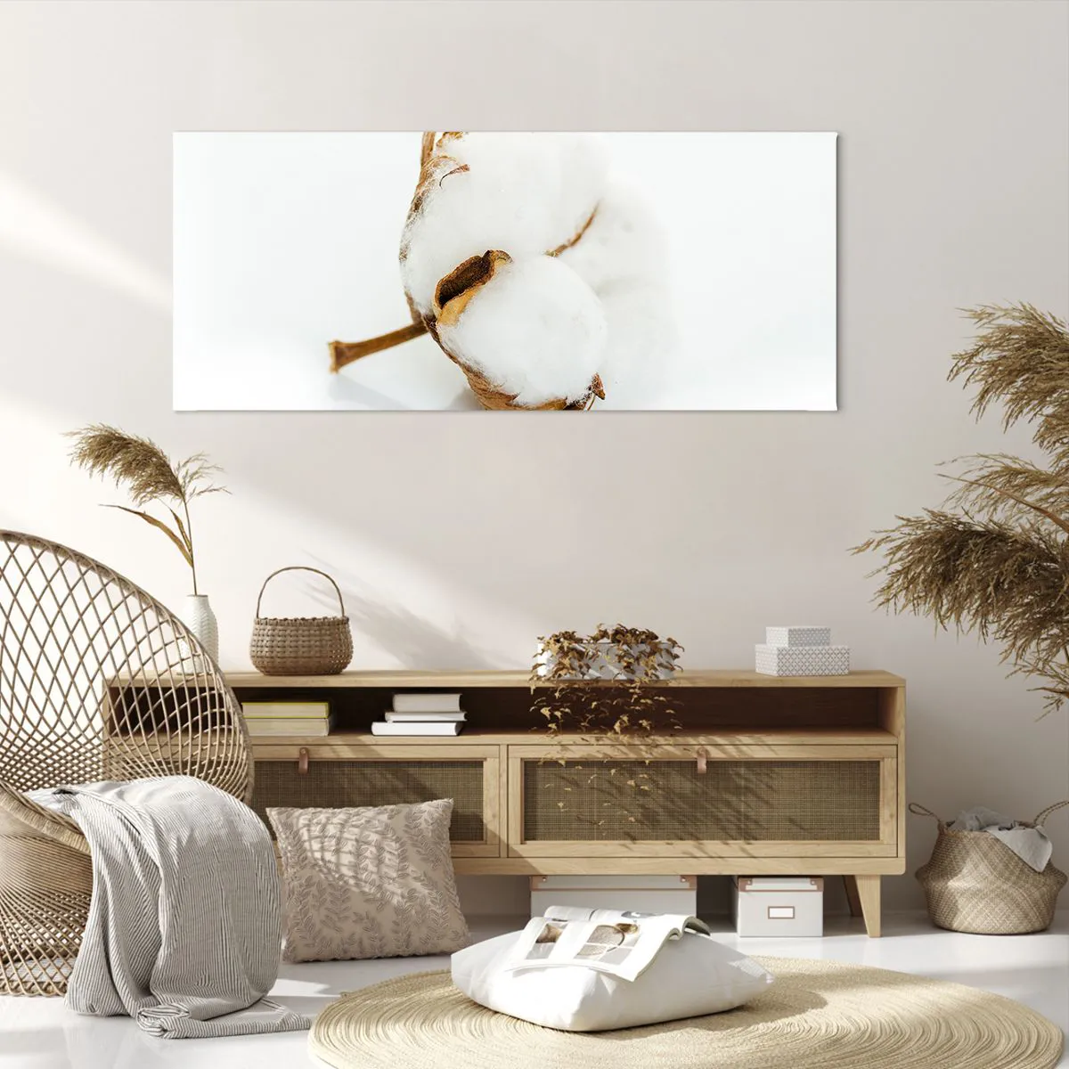Cuadro sobre lienzo - Impresión de Imagen - Una rama de algodón sobre un fondo claro en un enfoque minimalista. - 120x50cm - Suave por naturaleza - Decoración de pared moderna para salón y dormitorio ARTTOR