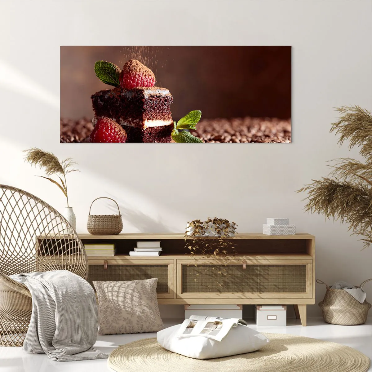 Obraz na płótnie - Czekoladowe ciasto z malinami i miętą na tle ziaren kakao - 120x50cm - Życie jest słodkie - Nowoczesna dekoracja ścienna do salonu i sypialni ARTTOR