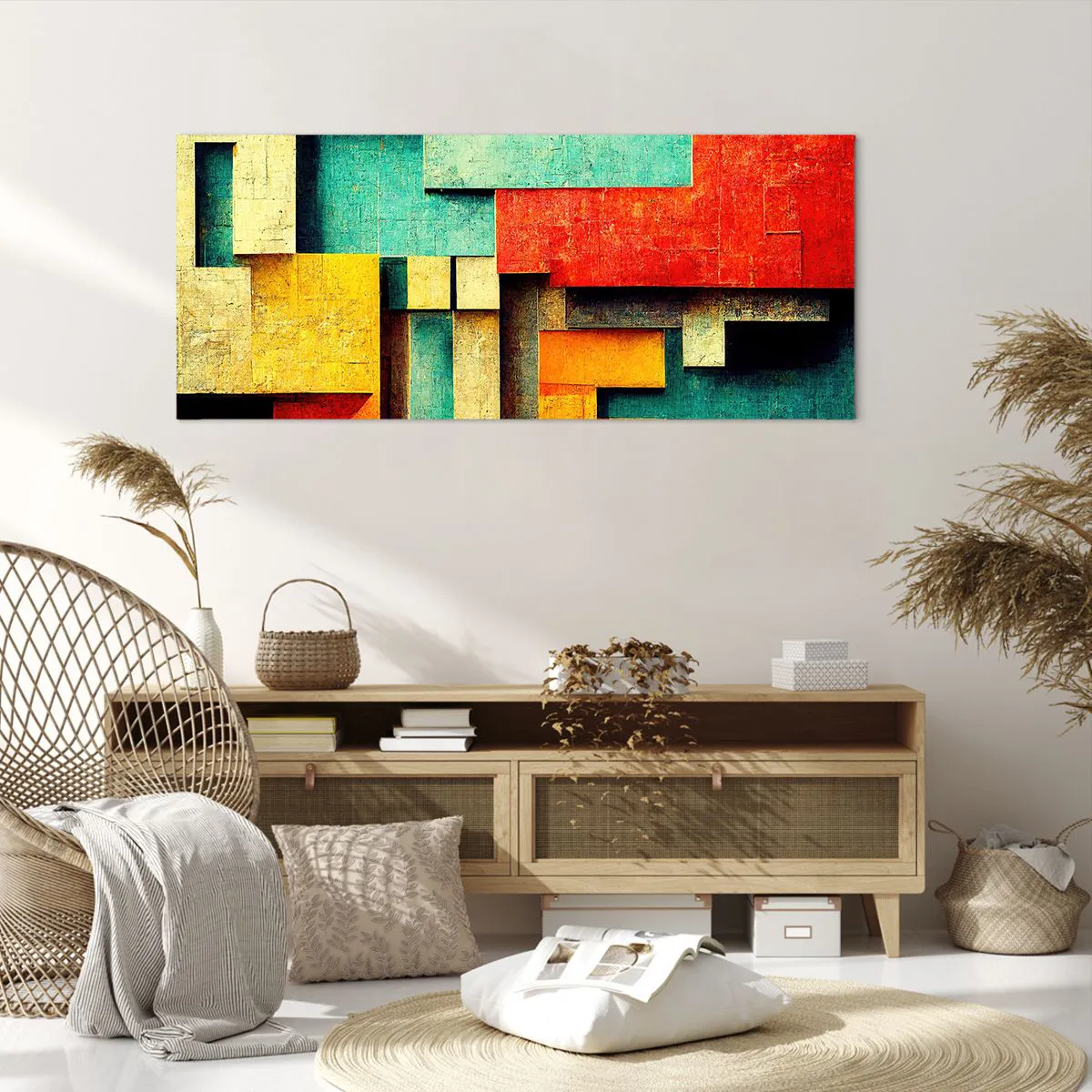 Quadro su tela - Stampe su Tela - Forme geometriche astratte in colori vivaci - 120x50cm - Il festival degli angoli retti - Decorazione murale moderna per soggiorno e camera da letto ARTTOR