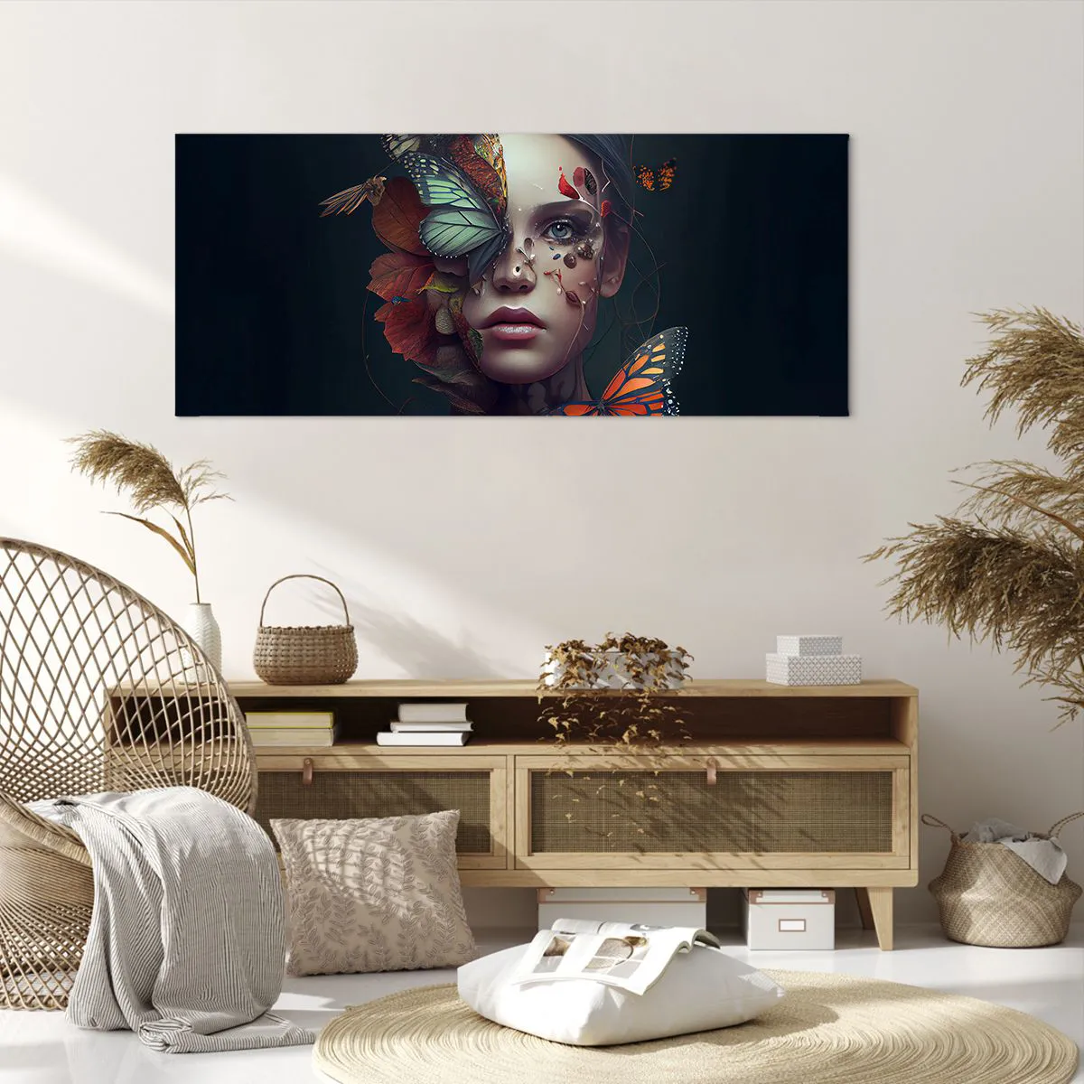Impression sur toile - Image sur toile - Portrait d'une femme avec des papillons et des éléments végétaux - 120x50cm - Une merveilleuse métamorphose - Décoration murale moderne pour le salon et la chambre ARTTOR