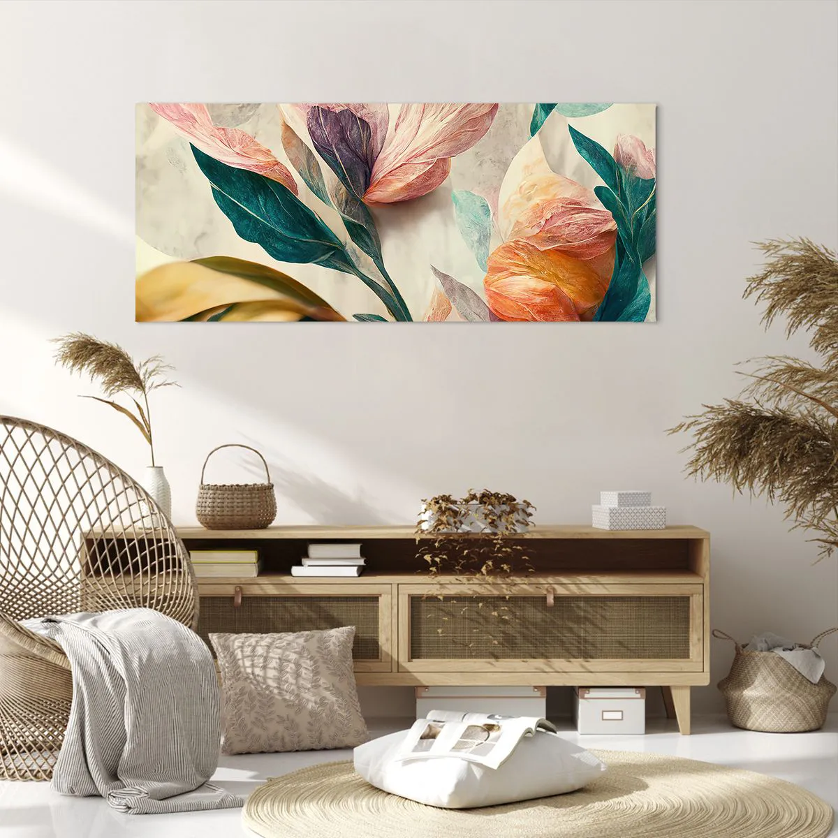 Bild auf Leinwand - Leinwandbild - Bunte Blumen im tropischen Stil auf hellem Hintergrund - 120x50cm - Blumen der südlichen Inseln - Moderne Wanddekoration für Wohnzimmer und Schlafzimmer ARTTOR