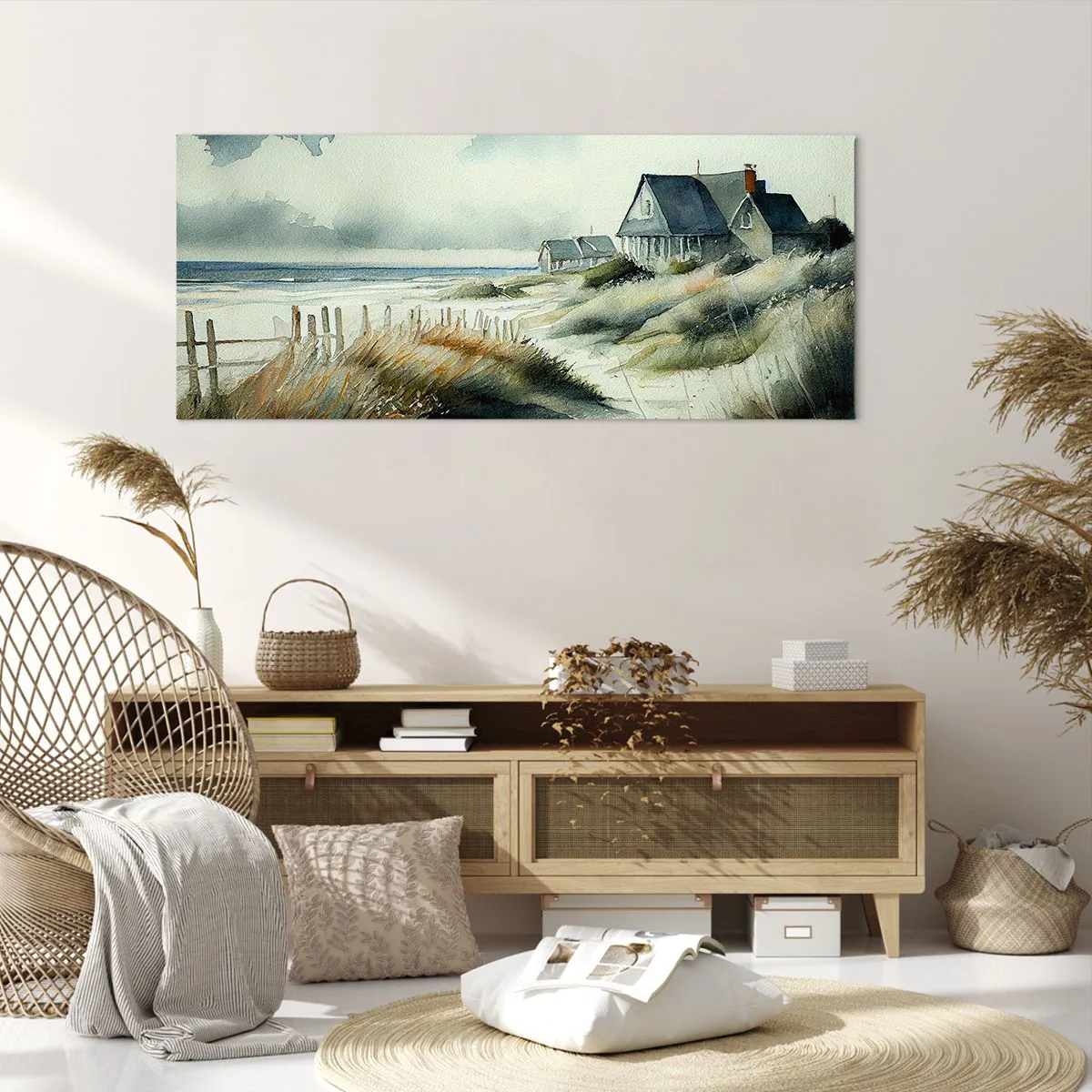 Obraz na płótnie - Dom nadmorski otoczony trawami i widokiem na morze - 120x50cm - Z dala od zgiełku - Nowoczesna dekoracja ścienna do salonu i sypialni ARTTOR